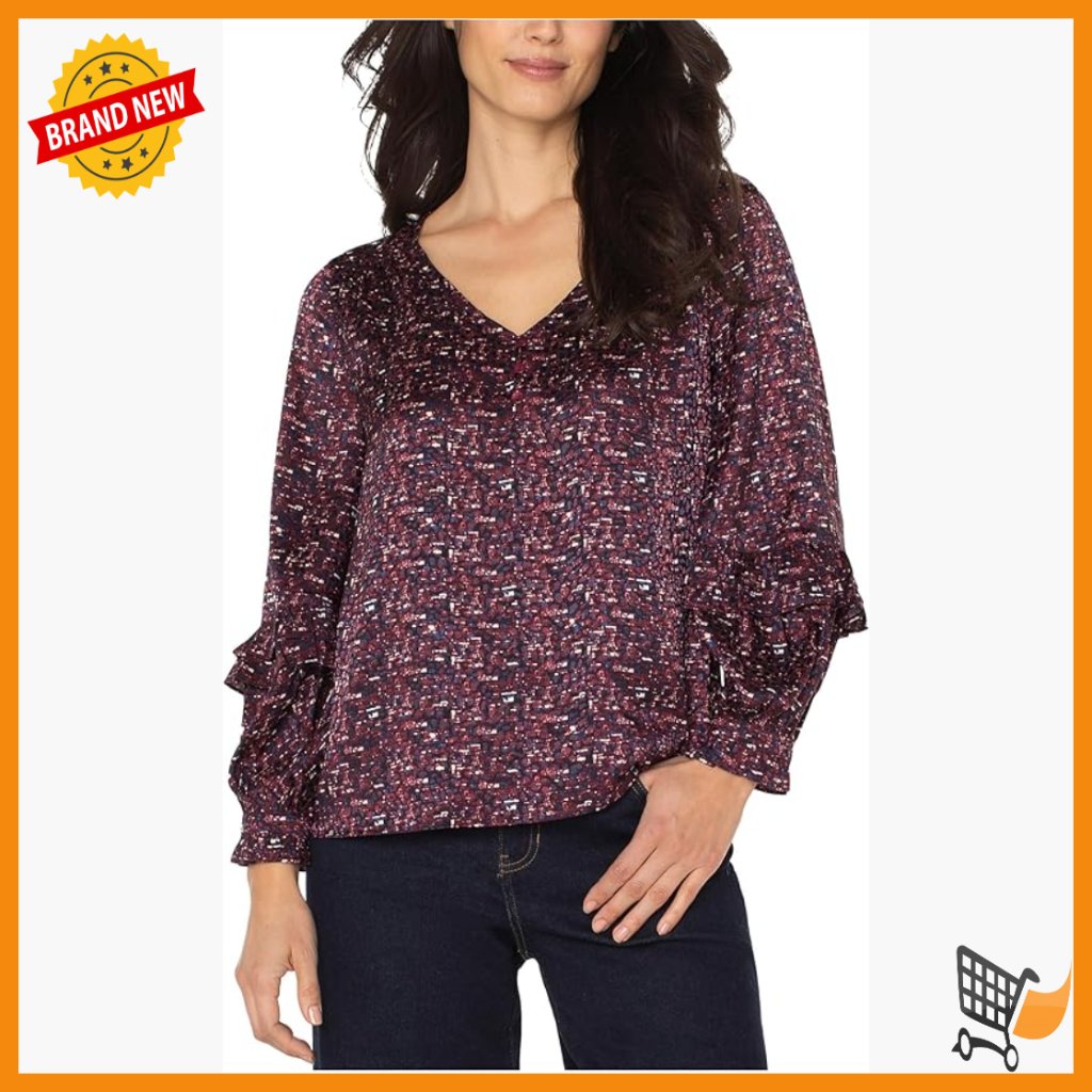 Long Sleeve Woven Blouse With Ruffles, V-Neck, Button Front, Polyester Blend